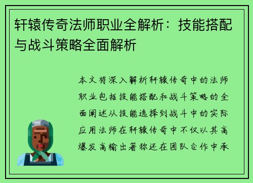 轩辕传奇法师职业全解析：技能搭配与战斗策略全面解析